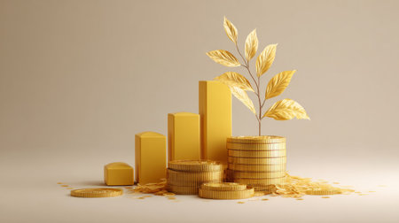 Modern 3D illustration of gold coins, rising chart, and plant growing, symbolizing eco-friendly investment and successの素材