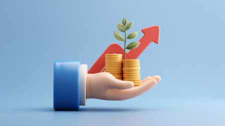 Modern minimal 3D art showing hand in blue suit presenting coin stack, growing plant, and ascending red arrow, wealth conceptの素材