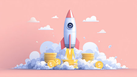 Modern flat illustration showing a rocket with a coin base blasting upward, symbol of profit growth and financial ambitionの素材