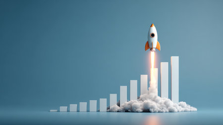 Rocket blasting off above ascending 3D bar chart, representing fast economic growth, profit increase, and business successの素材