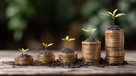 Modern financial growth concept showing gold coin stacks with seedlings sprouting, representing wealth creationの素材