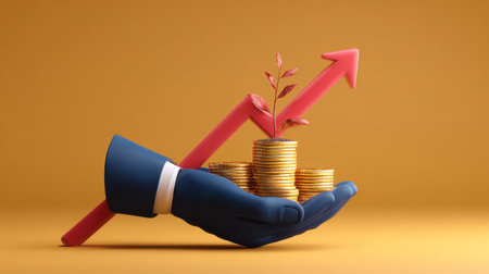 Modern 3D render of a businessman hand in navy blue holding golden coins with a sprouting seedling and rising red arrow, profit conceptの素材