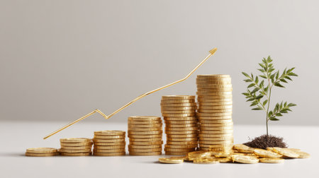 Piles of gold coins next to upward trending graph, small plant symbolizing sustainable investment and growthの素材