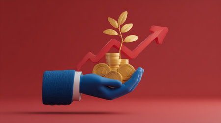 Stylized 3D financial illustration of hand in blue suit holding golden coins topped with plant and red arrow rising, investment growth ideaの素材