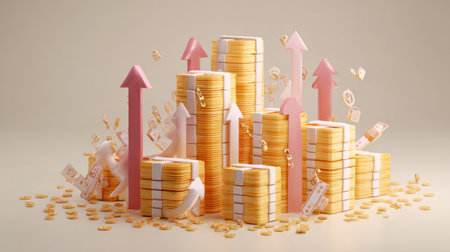 Stylized 3D scene of money piles with arrows pointing upward, representing income increase and profit success, transparent backgroundの素材