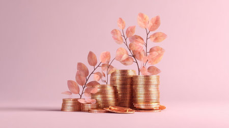 Whimsical 3D financial illustration of stacked coins with plant growing on top, soft pink background, wealth growth visualizationの素材