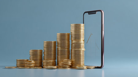 Smartphone displaying coin stacks growing higher, financial freedom and mobile success concept in clean modern styleの素材