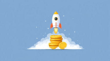 Rocket in flat design style taking off from a shiny coin, representing rapid investment rise and innovative business growthの素材