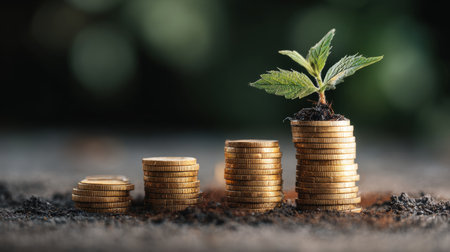 Seedling growing from stacked golden coins, financial stability and long-term prosperity conceptの素材
