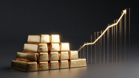 Stack of shiny gold bars with ascending trend line, modern 3D visualization of financial growth, investment, and business successの素材