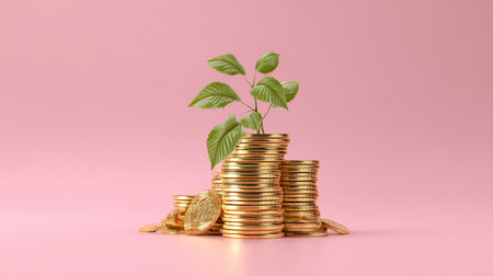 Playful 3D stacks of gold coins with a green plant on top, pink background, symbolizing growth, investment, and wealthの素材