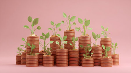 Whimsical 3D illustration of coin piles with small green plants sprouting, cheerful pink backdrop, symbol of investment and growthの素材