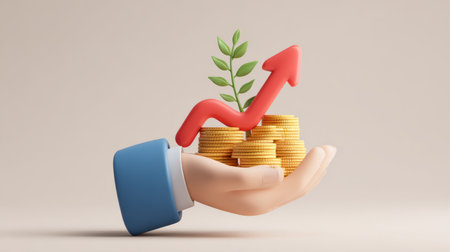 Stylized 3D illustration of a hand in a blue suit holding a stack of gold coins with a small green plant and a red upward arrow, symbolizing financial growth and investment successの素材