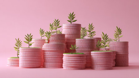 Whimsical 3D illustration of coin piles with small green plants sprouting, cheerful pink backdrop, symbol of investment and growthの素材