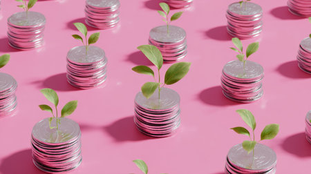 Whimsical 3D illustration of coins with green plant emerging, bright pink background, playful representation of wealth growthの素材