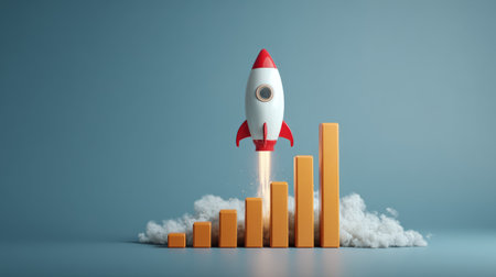 Modern 3D render of rocket flying above growing bar chart, symbolizing startup growth, economic success, and financial gainの素材