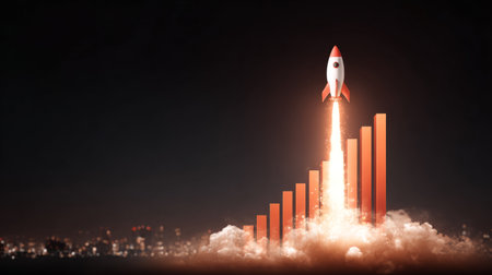 Rocket launching upward with ascending bar chart beneath, visual metaphor for rapid growth, profit, and financial achievementの素材