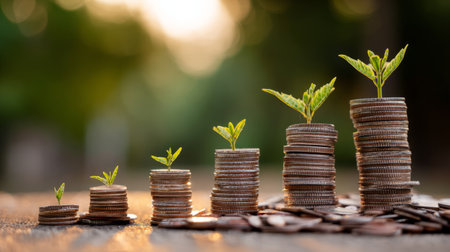 Rows of coin stacks with growing plants on top, representing profit, savings growth, and investment successの素材