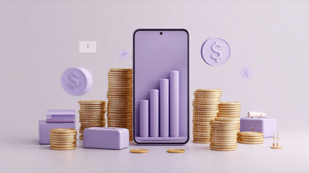 Smartphone displaying coin stacks growing higher, financial freedom and mobile success concept in clean modern styleの素材