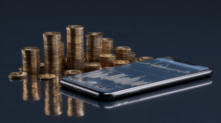 Smartphone showing growing piles of coins, symbol of online trading, mobile economy, and financial success in digital ageの素材