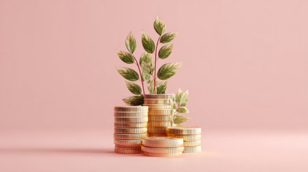 Whimsical 3D financial illustration of stacked coins with plant growing on top, soft pink background, wealth growth visualizationの素材