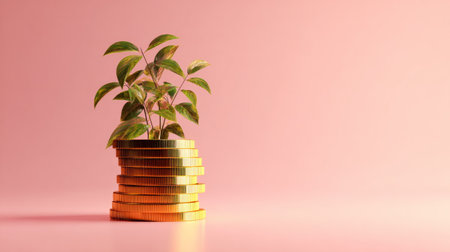 Whimsical 3D render of golden coins stacked with a green plant growing on top, set against a soft pink background, symbolizing financial growthの素材