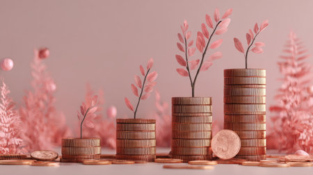 Whimsical 3D scene showing stacked coins with a growing plant, cheerful pink backdrop, representing economic growthの素材