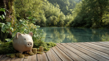 Piggy bank and coins turning into green plants, placed on a wooden deck overlooking serene lake and forest, representing natural wealth and prosperityの素材