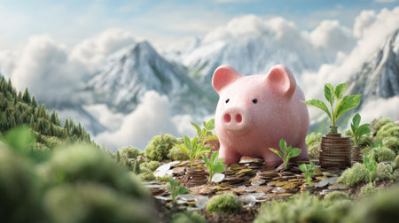 Piggy bank and coins forming a mini garden of green sprouts, tranquil nature setting with mountains and clouds, concept of nurturing wealthの素材