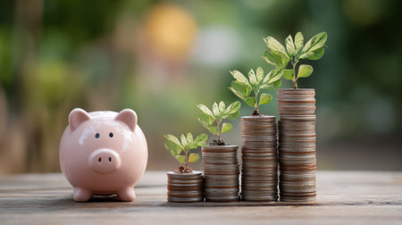 Piggy bank beside ascending stacks of coins, each topped with a small plant, serene outdoor background symbolizing growth and savings harmonyの素材