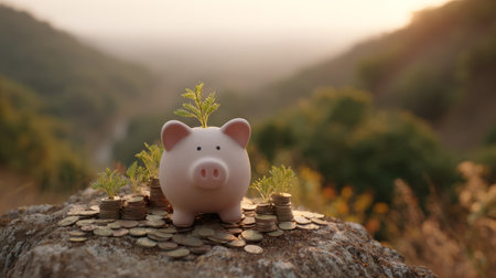 Piggy bank and coins with sprouts illuminated by sunrise, scenic valley in background, metaphor for eco-conscious financial planningの素材
