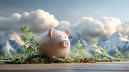 Piggy bank and coins forming a mini garden of green sprouts, tranquil nature setting with mountains and clouds, concept of nurturing wealthの素材