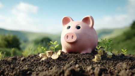 Piggy bank surrounded by fertile soil and sprouting coins, calm background of rolling green hills and blue sky, sustainable finance conceptの素材