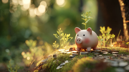 Piggy bank on grassy surface with coins and tiny plants sprouting, gentle light and serene forest view, symbolizing eco financial healthの素材