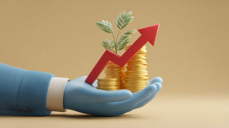 3D financial growth illustration: hand in blue suit holding golden stack with plant sprouting and red arrow ascending upwardの素材