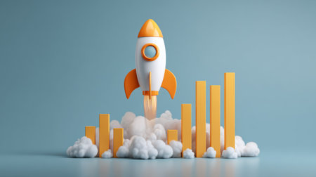 Stylized 3D rocket blasting off above ascending bar chart, symbolizing financial prosperity, market growth, and business successの素材