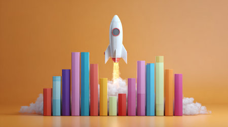 3D render of rocket launching above colorful bar charts, dynamic visualization of rapid economic and business growthの素材