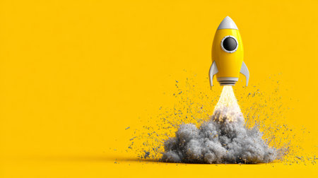 Bright yellow background with dynamic rocket launch, concept art symbolizing innovation and big ideasの素材