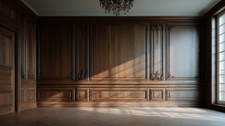 Elegant empty living space with walnut boiserie wall panels, classic European design, soft shadows, minimalist sophisticationの素材