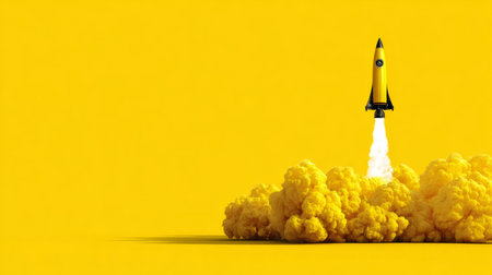 Bright yellow background with dynamic rocket launch, concept art symbolizing innovation and big ideasの素材