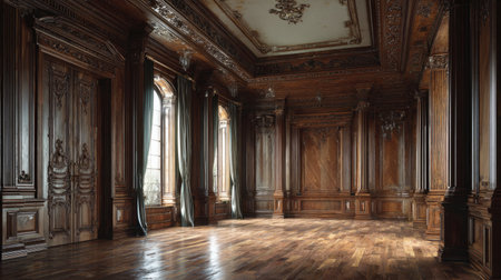 Grand empty room design with ornate walnut wood boiserie, polished wood flooring, traditional architecture, high-class toneの素材
