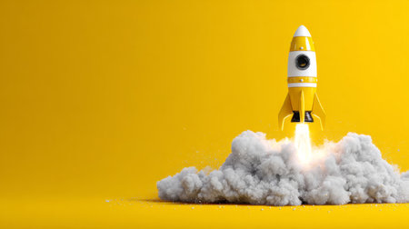 Futuristic rocket launching into the sky with yellow background, creative concept for startup and innovation energyの素材