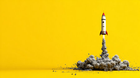Creative idea concept featuring rocket launching on yellow background, minimal style representing imagination and growthの素材