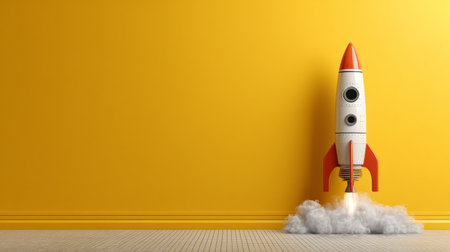 Innovative concept illustration of rocket takeoff against yellow wall, representing creative thinking and futuristic ideasの素材