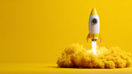Innovative startup rocket scene against vivid yellow background, representing imagination and forward thinkingの素材