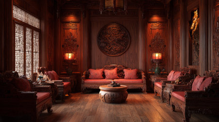 Artistic 3D rendering of a traditional Chinese lounge, carved rosewood furniture, wood-paneled walls, zen ambiance, wooden floorの素材