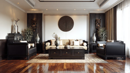Chinese classic living room with lacquered furniture, elegant symmetry, polished wooden floors, tranquil mood, 3D visualizationの素材
