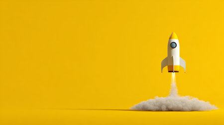 Creative idea concept featuring rocket launching on yellow background, minimal style representing imagination and growthの素材