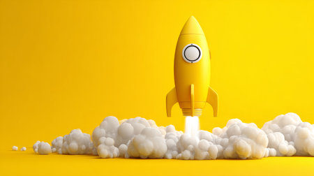 Rocket takeoff concept symbolizing innovation, growth, and creativity, minimal design on bright yellow backgroundの素材
