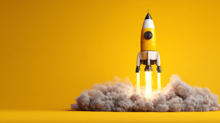 Modern rocket launch concept with glowing exhaust flames on yellow background, symbolizing ideas taking flightの素材